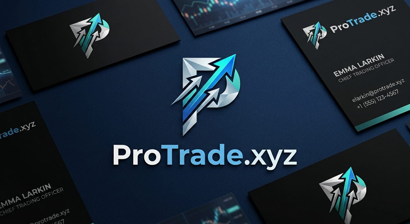 ProTrade.xyz identity — arrow-built P monogram across business cards